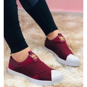 Adidas Superstar Core Slip On Shoes 10 Women Burgundy Elastic Shell Toe Sneakers